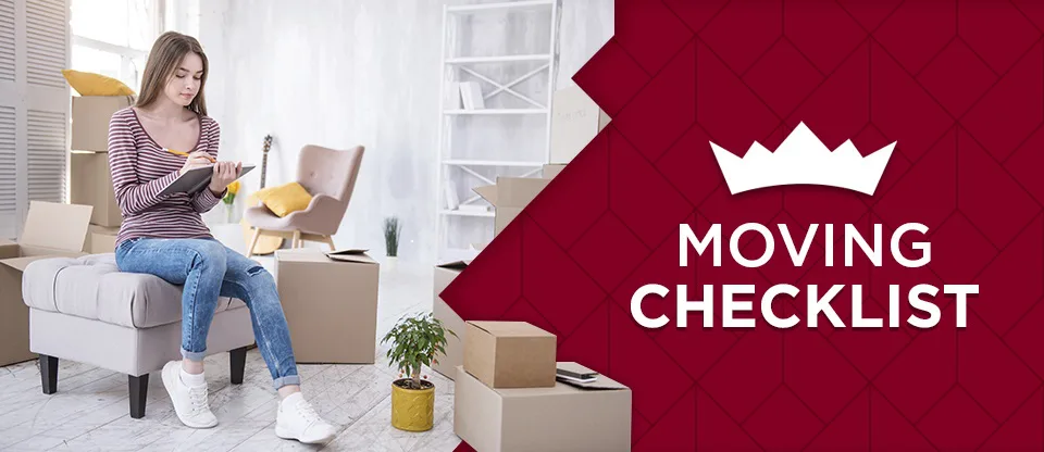 a woman sits in a chair with boxes and a moving checklist