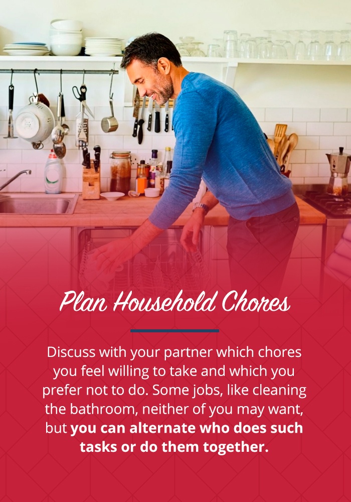 A man doing the dishes with info on discussing chores with partner