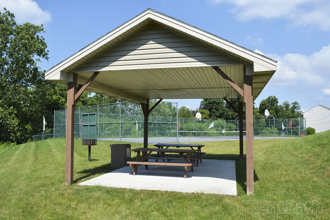 a picnic table under a covered shelter with rent park written on the bottom