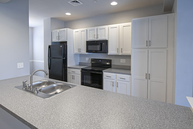 A Kitchen with White Cabinets and a Black Refrigerator