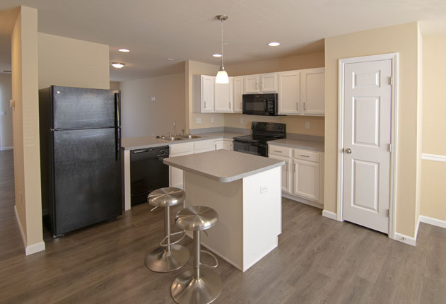 A Kitchen with a Black Refrigerator and White Cabinets